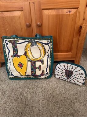 Brighton NWTLOVE Graphic Tote Bag with Matching Heart Cosmetic Pouch - Teal Trim